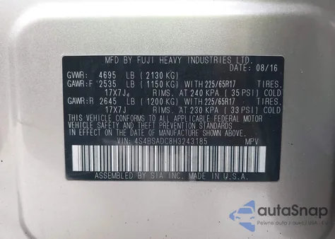 2017 Subaru Outback 2.5I Premium из США, поврежденный, VIN 4S4BSADC8H3243185